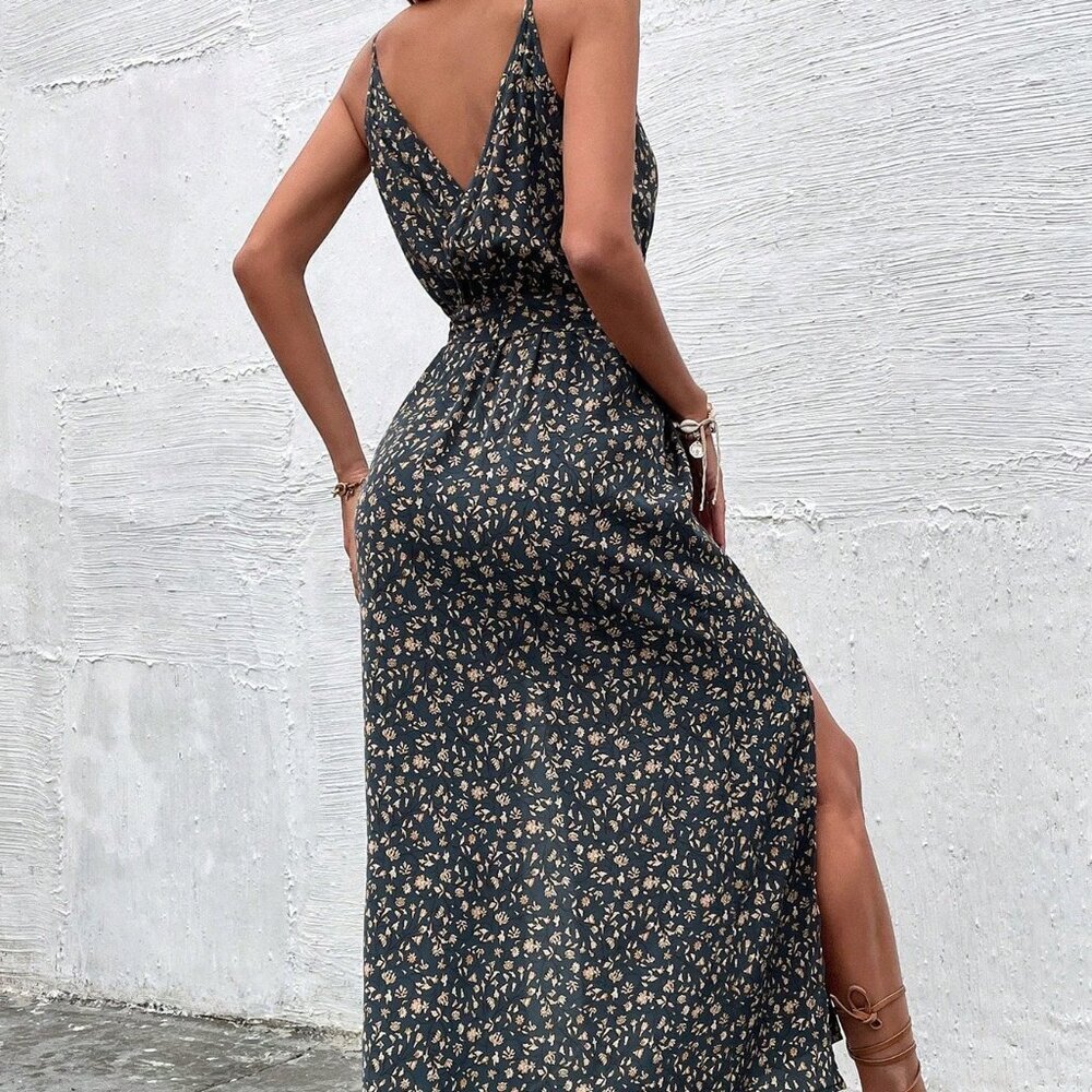 Dark Wash Boho Women's Floral Print Maxi Cami Dress with Double Side Slits - Picture 2 of 6